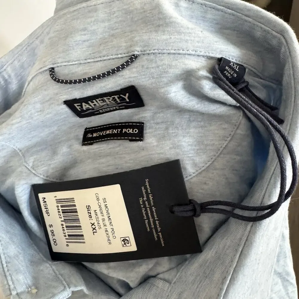 Faherty Movement Short Sleeve Cariff Blue Heather Polo Shirt XXL 2XL NEW - Picture 6 of 7